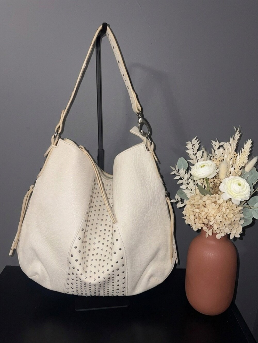 Sharif Genuine Leather Studded White Slouchy Hobo Bag
